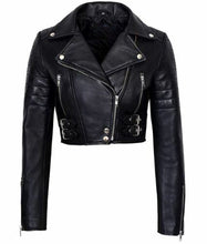 Load image into Gallery viewer, Ladies Leather Jacket Genuine Lambskin Slim Fit Short Body Biker Style Jacket