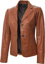 Load image into Gallery viewer, Womens Two Button Tan Leather Blazer Jacket