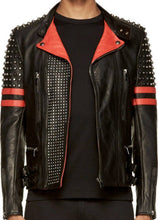 Load image into Gallery viewer, Unique Style Studded Biker Leather Motorcycle Jacket With Red Stripes For Mens