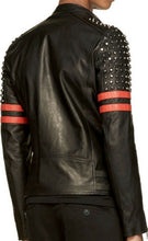 Load image into Gallery viewer, Unique Style Studded Biker Leather Motorcycle Jacket With Red Stripes For Mens