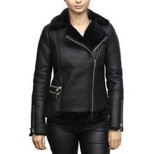 Load image into Gallery viewer, Women's Black Aviator Leather Jacket
