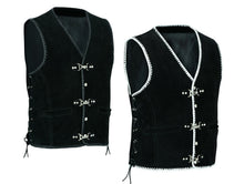 Load image into Gallery viewer, Mens Motorcycle Biker Black Suede Leather Vest Waistcoat Spanish Braid &amp; Clasps
