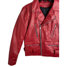 Load image into Gallery viewer, Red motorcycle Jacket Vegan Leather multi pocket small
