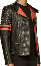 Load image into Gallery viewer, Unique Style Studded Biker Leather Motorcycle Jacket With Red Stripes For Mens
