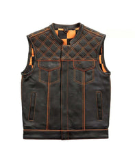 Load image into Gallery viewer, New Orange Checker Leather Vest Diamond Quilted Men's Biker Club Motorcycle Vest
